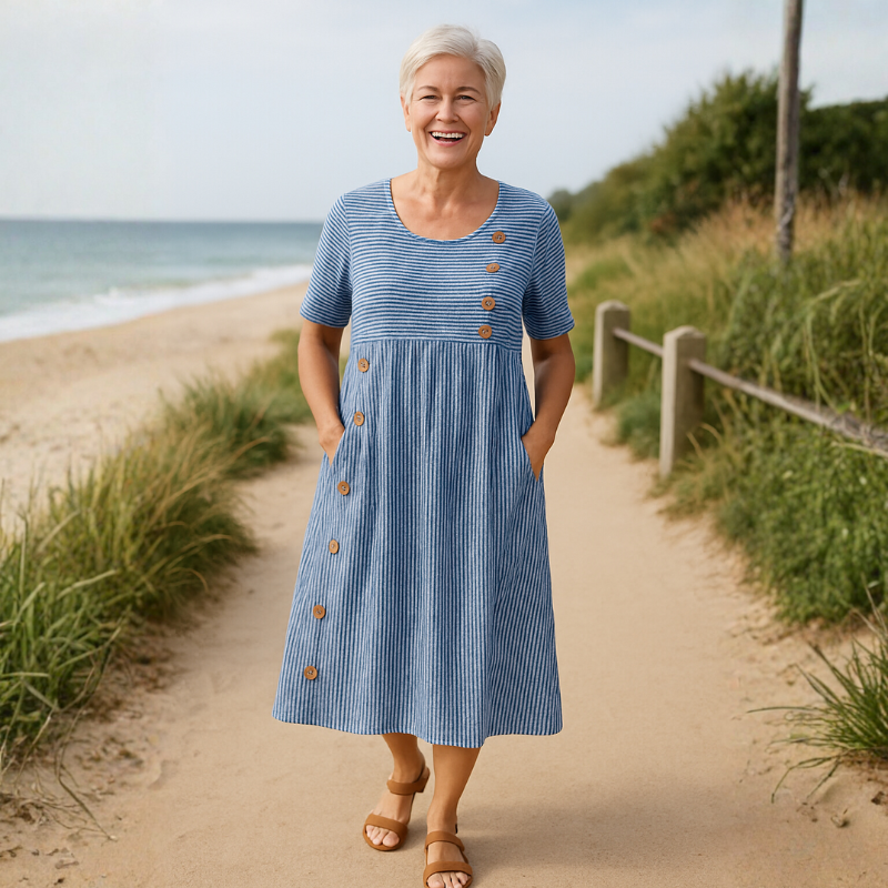 Alora Striped Button Midi Dress