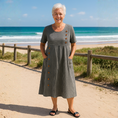 Alora Striped Button Midi Dress