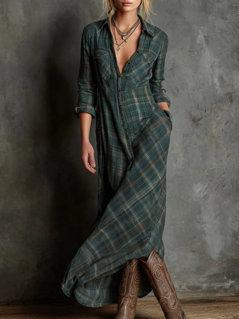 Luna Rustic Plaid Western Maxi Dress